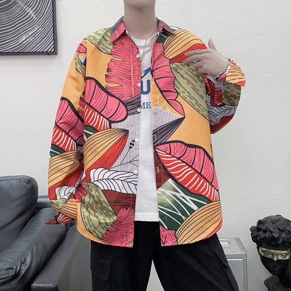 ins港风复古chic碎花长袖衬衫男女潮流夏威夷沙滩宽松情侣女衬衣