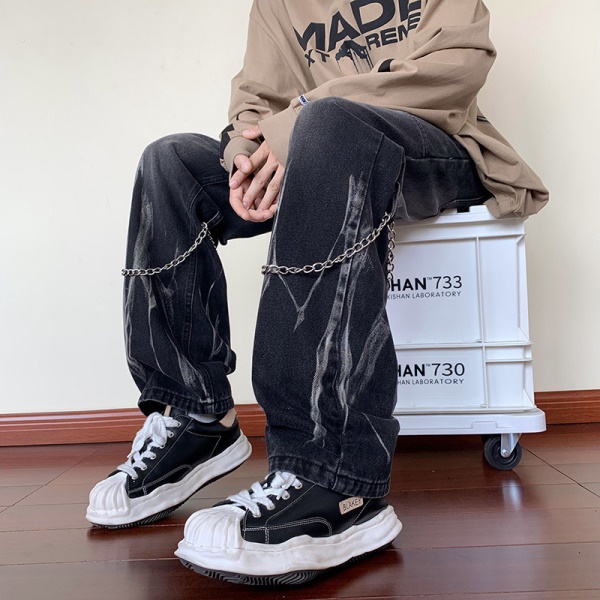欧美hiphop牛仔裤设计感高级感渐变扎染裤子美式高街男挂链阔腿裤