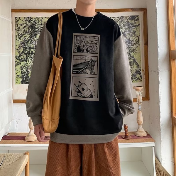 麂皮绒卫衣男春秋季设计感小众长袖t恤美式高街印花圆领套头外套